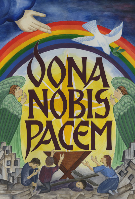The words Dona nobis pacem between two angels under a rainbow