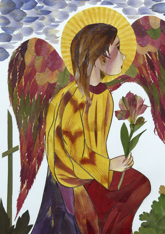 Image of an angel, made from pressed plants, inspired by Lippi's 'An Angel Adoring' 