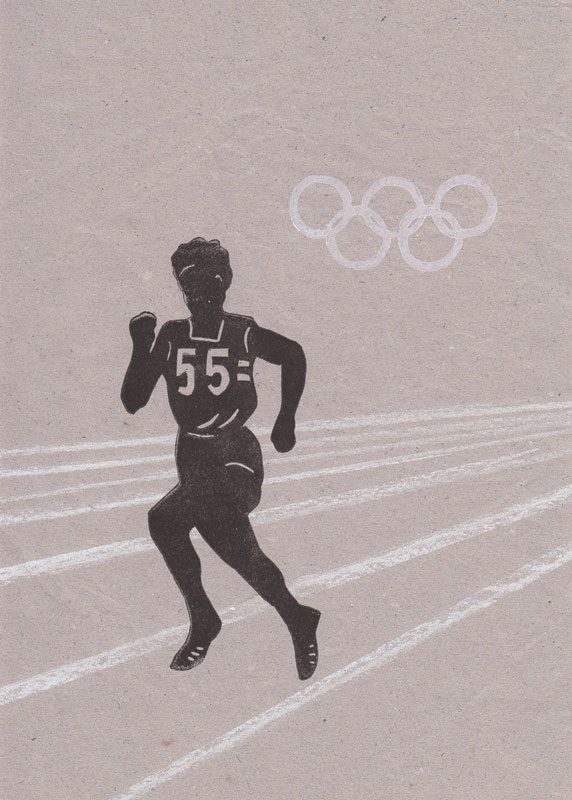 Linocut of a female Olympic runner