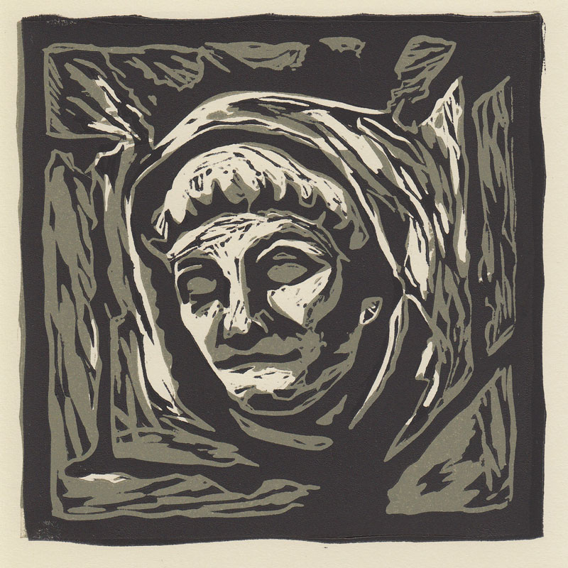 Linocut of a carved stone headstop