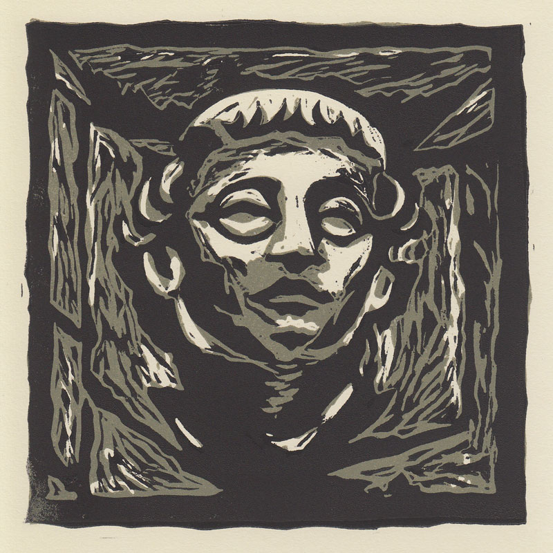 Linocut of a carved stone headstop