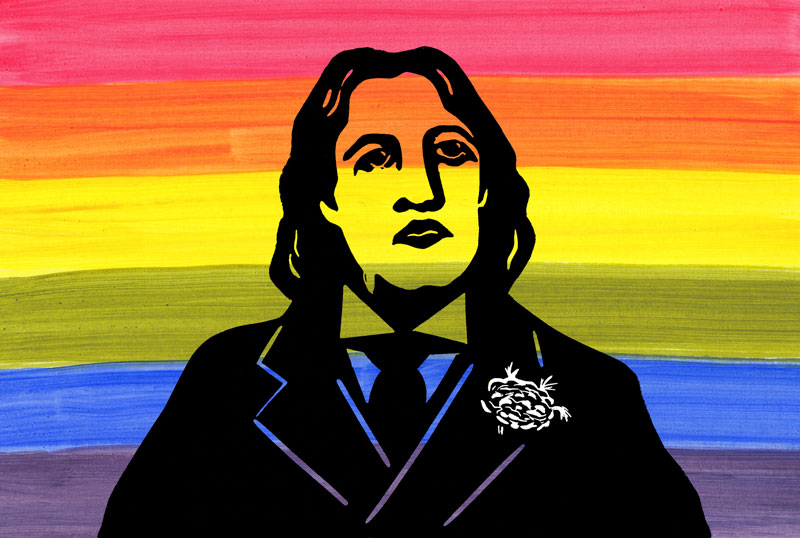 Bust of Oscar Wilde on a rainbow flag