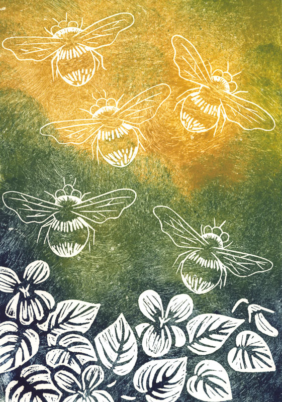 Bees flying over violets