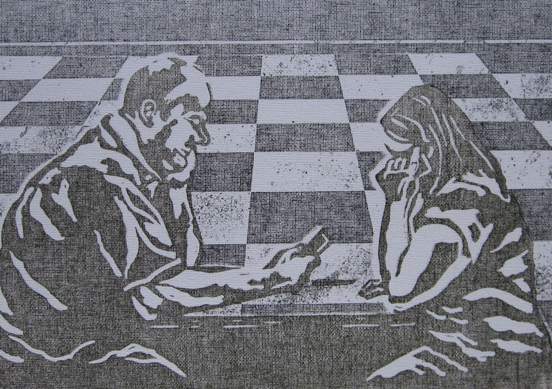 Figures sitting facing each other
