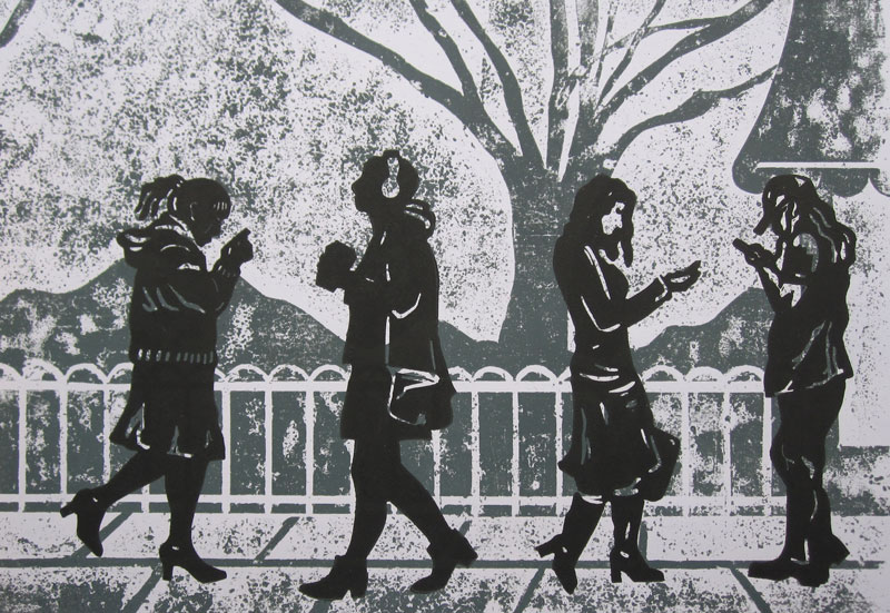 Silhouetted figures walking in the park