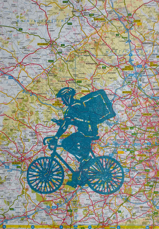 Take away delivery man on bicycle, map background